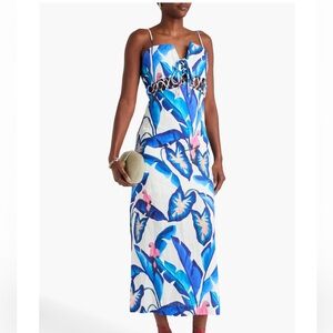 Farm Rio Linen Foliage Midi Dress Small Tropical Parrot Botanical Print